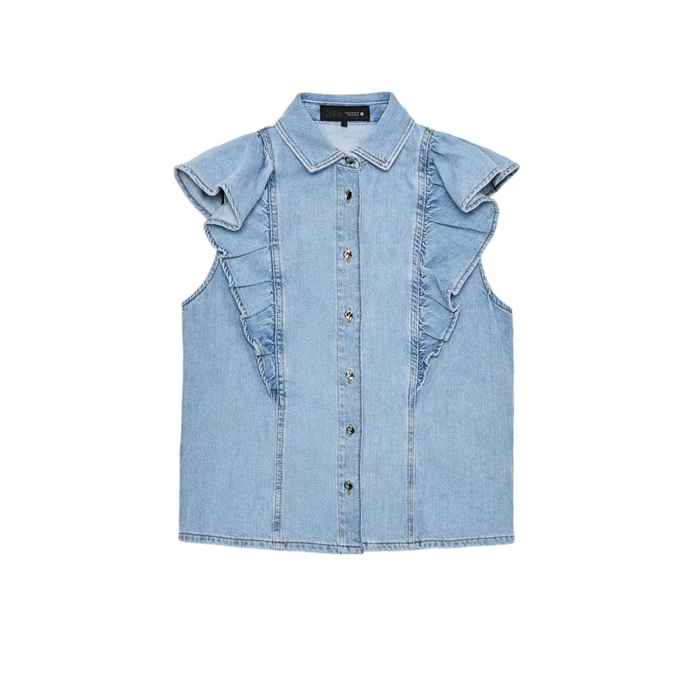 Zara Ruffled Denim Sleeveless Button-Up Top
